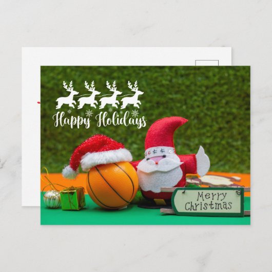 サンタクロースのカードを持つバスケットボールクリスマス ポストカード (正面/裏面)