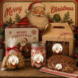 サンタクロースのキッチンから ベージュのレトロなクリスマスデザイン ラウンドシール