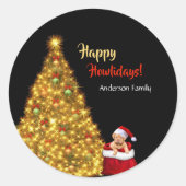 サンタクロースのクリスマスの子犬がパーソナライズ ラウンドシール (正面)