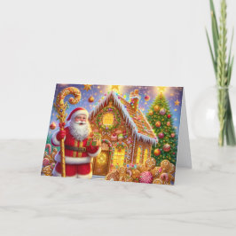 サンタクロースのクリスマスの金色のジンジャーブレッドの家 シーズンカード
