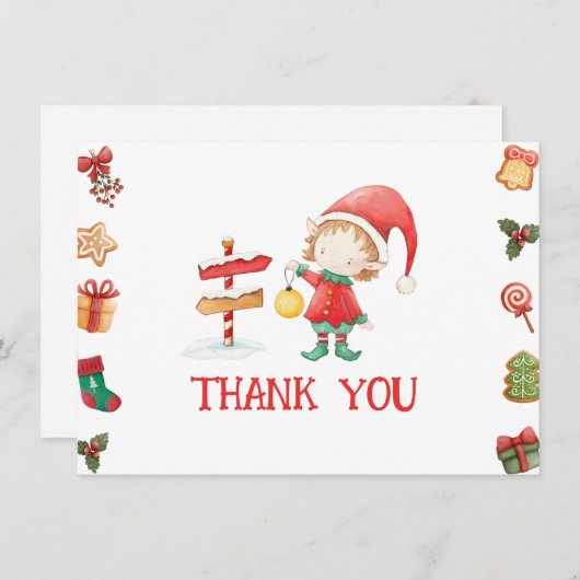 サンタクロースのクリスマスエルフ感謝カード サンキューカード (正面/裏面)