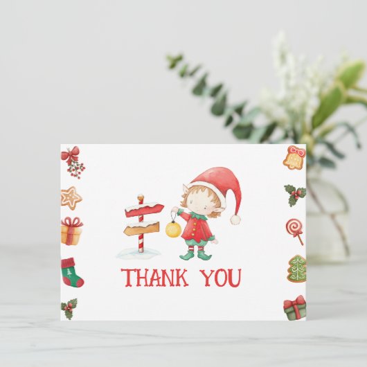 サンタクロースのクリスマスエルフ感謝カード サンキューカード (スタンド正面)