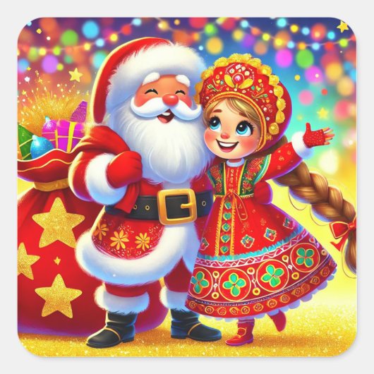 サンタクロースのクリスマスシーン スクエアシール (正面)
