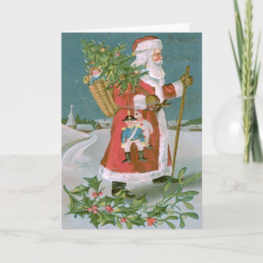 サンタクロースのクリスマスツリーのバスケットのおもちゃホリー シーズンカード (正面)