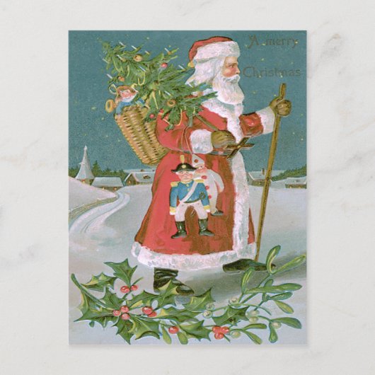 サンタクロースのクリスマスツリーのバスケットのおもちゃホリー シーズンポストカード (正面)