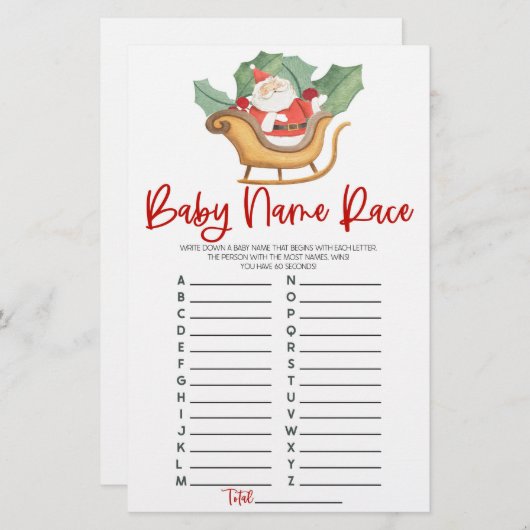 サンタクロースのクリスマスネームレース赤ちゃんシャワーゲーム 便箋 (正面/裏面)