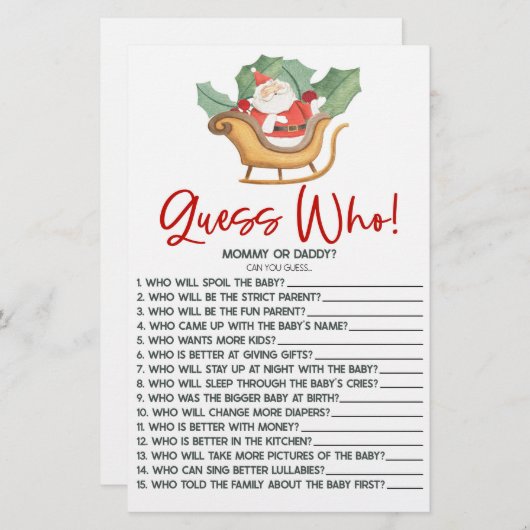 サンタクロースのクリスマス誰が当たる！赤ちゃんシャワーゲーム 便箋 (正面/裏面)