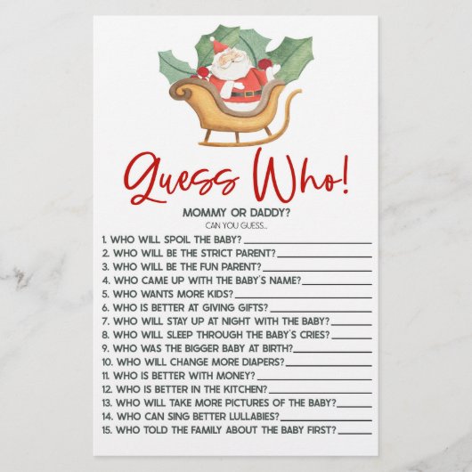 サンタクロースのクリスマス誰が当たる!赤ちゃんシャワーゲーム 便箋 (正面)