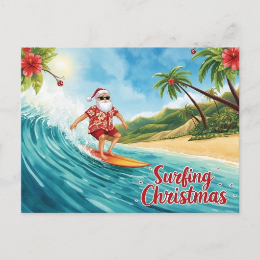 サンタクロースのサーフィンクリスマス シーズンポストカード (正面)