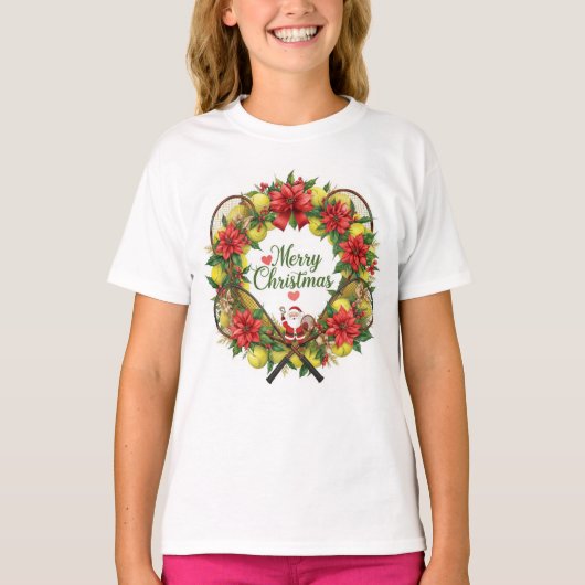 サンタクロースのテニスクリスマスデザイン Tシャツ (正面)