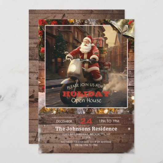 サンタクロースのデリバリがスクーターに乗って 招待状 (正面/裏面)