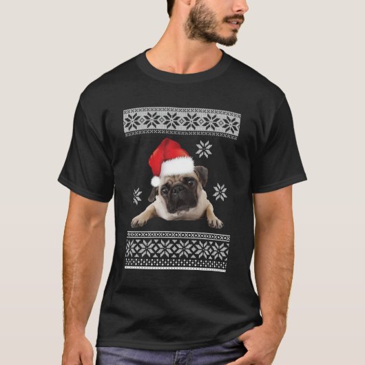 サンタクロースのパグ犬のかわいいクリスマス醜い犬の恋人 Tシャツ (正面)