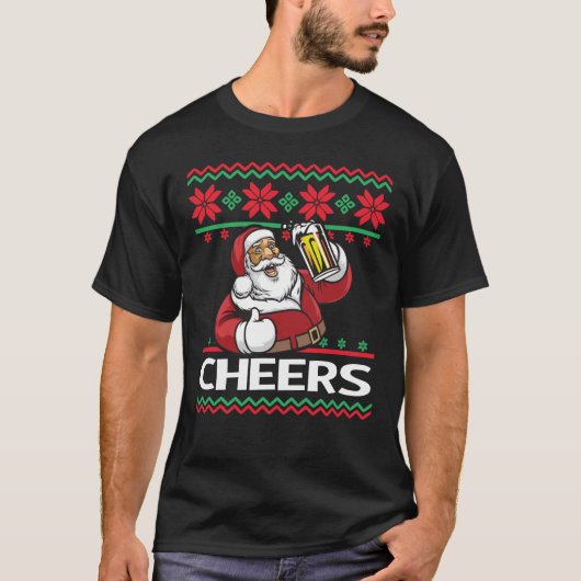 サンタクロースのビール飲み応援醜いクリスマス Tシャツ (正面)