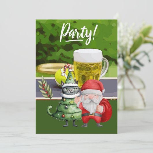 サンタクロースのボールとビールとテニスクリスマス 招待状 (スタンド正面)