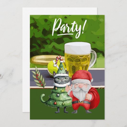 サンタクロースのボールとビールとテニスクリスマス 招待状 (正面/裏面)