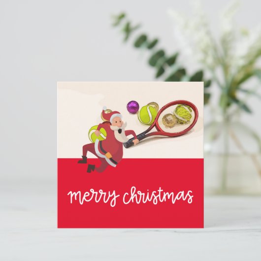 サンタクロースのボールとラケット 赤いクリスマステニス シーズンカード (スタンド正面)