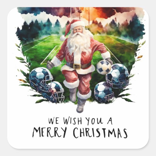 サンタクロースのボールを持つ遊サッカークリスマス スクエアシール (正面)