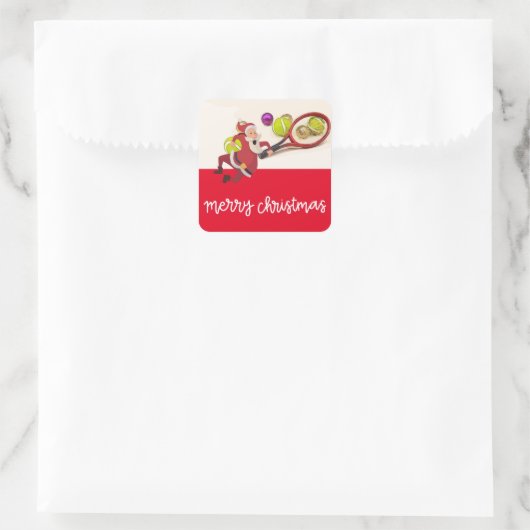 サンタクロースのボールラケットレッドとテニスクリスマス スクエアシール (バッグ)