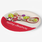 サンタクロースのボールラケットレッドとテニスクリスマス ペーパープレート (アングル)