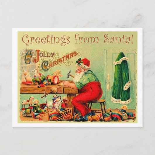 サンタクロースのワークショップ、ヴィンテージクリスマス ポストカード (正面)