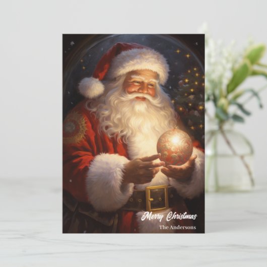 サンタクロースの休日の夜の白熱［赤熱］光を放つクリスマスボール シーズンカード (スタンド正面)