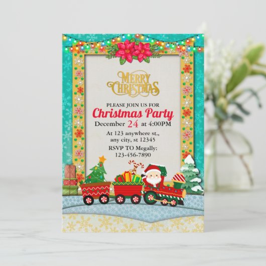 サンタクロースの列車とプレゼントとクリスマスツリー シーズンカード (スタンド正面)