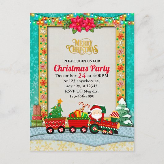 サンタクロースの列車とプレゼントとクリスマスツリー ポストカード (正面)