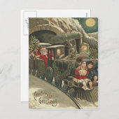 サンタクロースの列車のヒイラギの花輪の子供 シーズンポストカード (正面/裏面)