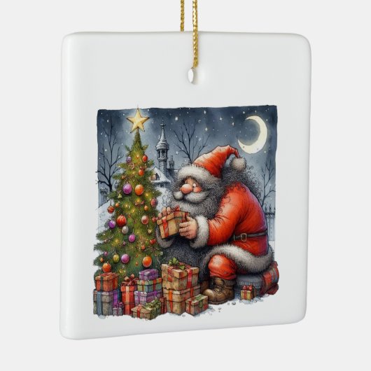 サンタクロースの夜と木とギフトカスタマイズ セラミックオーナメント (右)