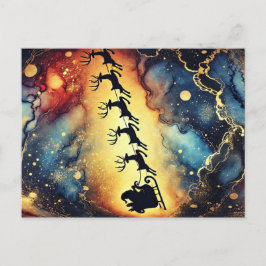 サンタクロースの夜空とトナカイのホリデー ポストカード