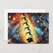 サンタクロースの夜空とトナカイのホリデー ポストカード (正面/裏面)