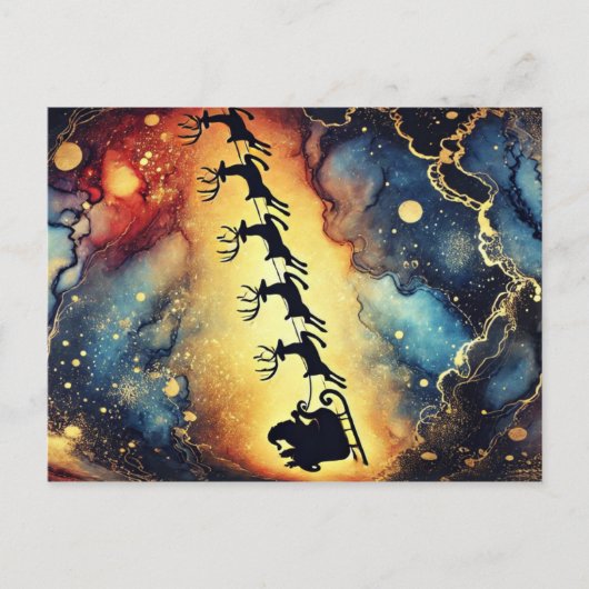 サンタクロースの夜空とトナカイのホリデー ポストカード (正面)