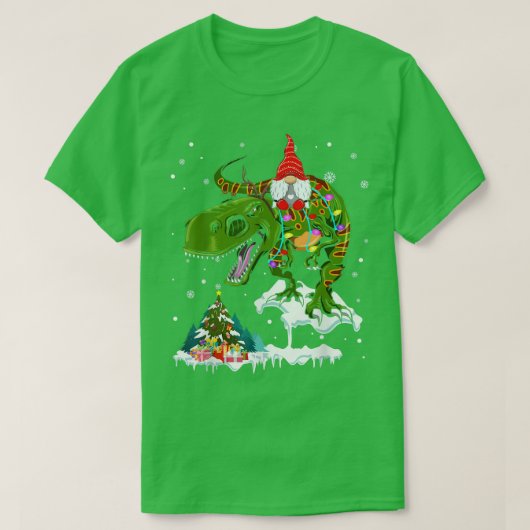 サンタクロースの小人、トナカイに乗って、クリスマスライトが好きなF Tシャツ (デザイン正面)