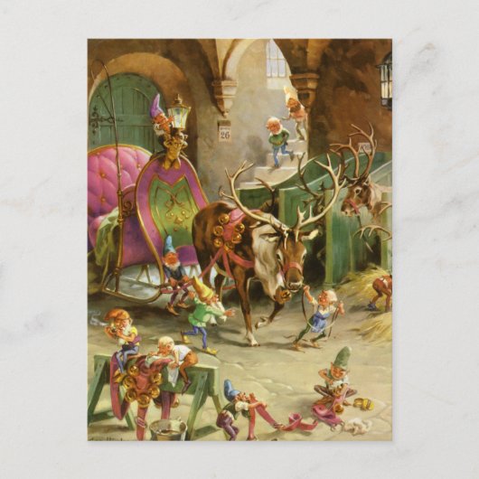 サンタクロースの小妖精や小人がHIs北極ワークショップに シーズンポストカード (正面)