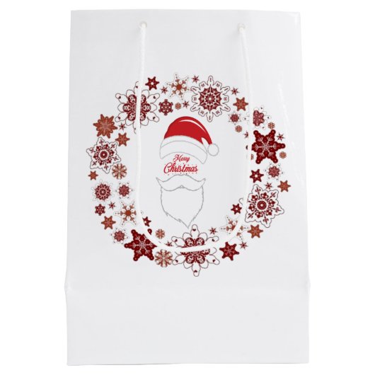 サンタクロースの帽子と顎鬚はクリスマスに輝く ミディアムペーパーバッグ (裏面)