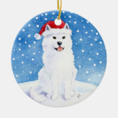 サンタクロースの帽子のクリスマスのオーナメントのSamoyed犬 セラミックオーナメント (正面)