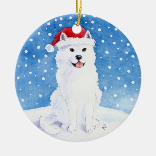 サンタクロースの帽子のクリスマスのオーナメントのSamoyed犬 セラミックオーナメント (正面)