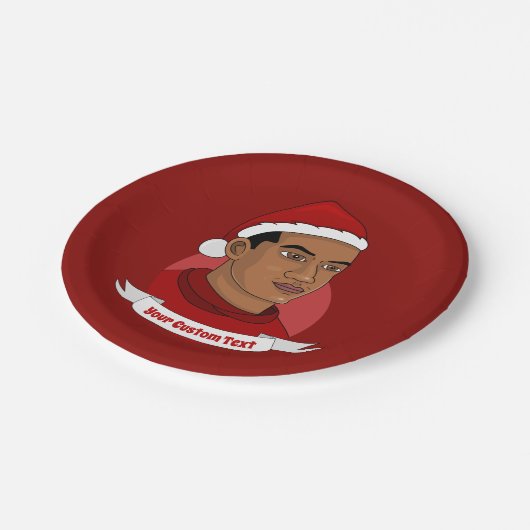 サンタクロースの帽子の漫画を持つ男性 ペーパープレート (アングル)