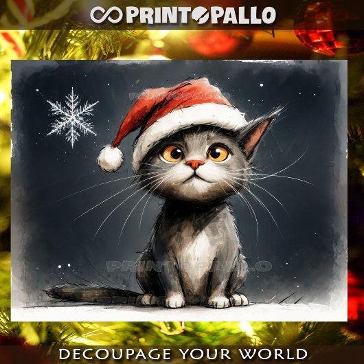 サンタクロースの帽子をかぶったかわいいクリスマス子猫 薄葉紙