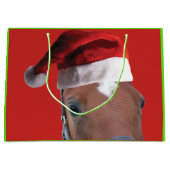 サンタクロースの帽子をかぶったクリスマスホース ラージペーパーバッグ (正面)