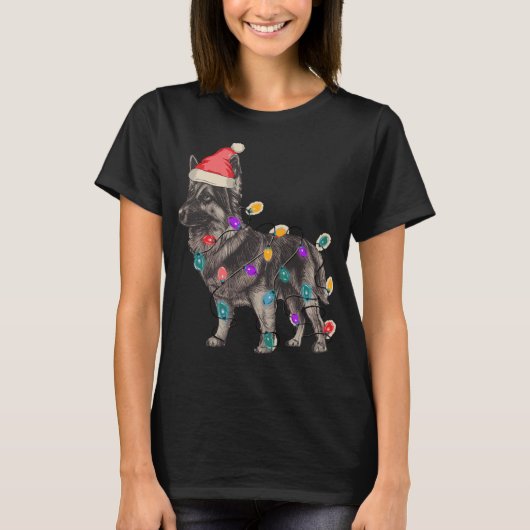 サンタクロースの帽子をかぶったシェパードのクリスマス Tシャツ (正面)