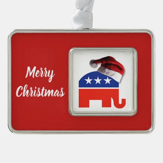 サンタクロースの帽子をかぶった共和党の象 シルバープレートフレームオーナメント (正面)
