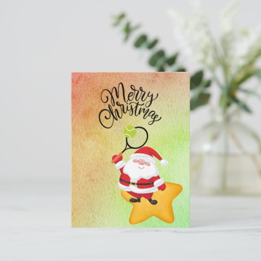 サンタクロースの水彩付きテニスクリスマス シーズンポストカード (スタンド正面)