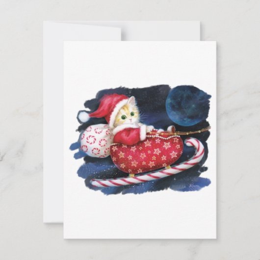 サンタクロースの猫がサンタのスレッドでプレゼントを届ける シーズンカード (正面)