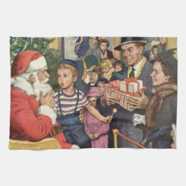 サンタクロースの膝に座る少年、ヴィンテージのクリスマスの願い キッチンタオル