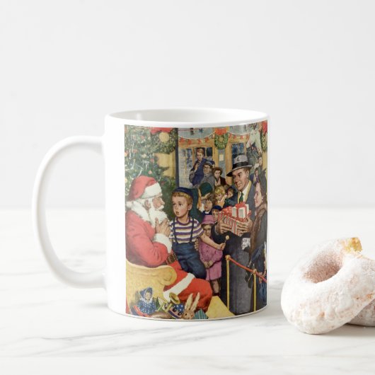 サンタクロースの膝の上の少年、ヴィンテージのクリスマスの願い コーヒーマグカップ (ドーナツ)
