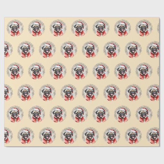 サンタクロースの衣装を着たパグ – クリスマス1 ラッピングペーパー (フラット)