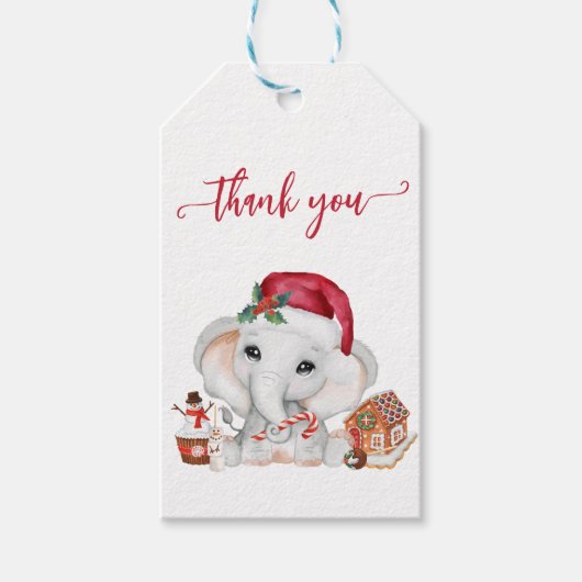 サンタクロースの象のクリスマスベイビーシャワーありがとう ギフトタグ (正面)