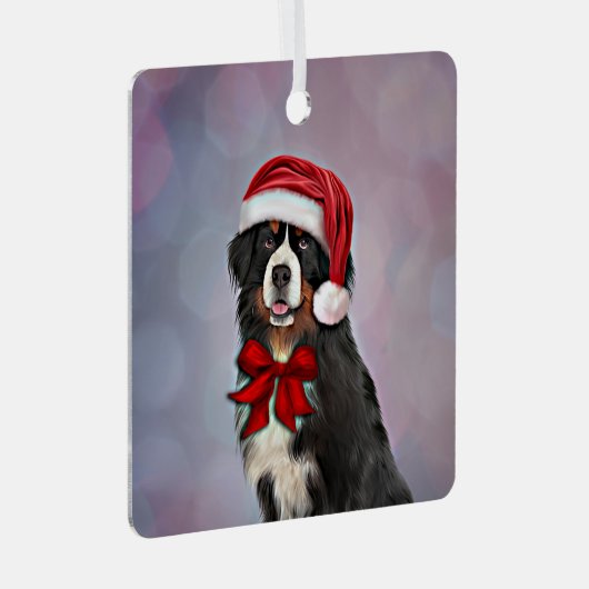 サンタクロースの赤い帽子にベルネーズマウンテンドッグ メタルオーナメント (正面右)