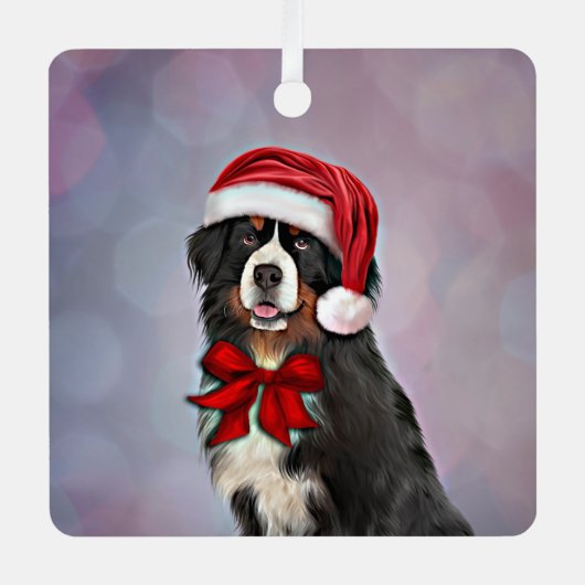 サンタクロースの赤い帽子にベルネーズマウンテンドッグ メタルオーナメント (正面)
